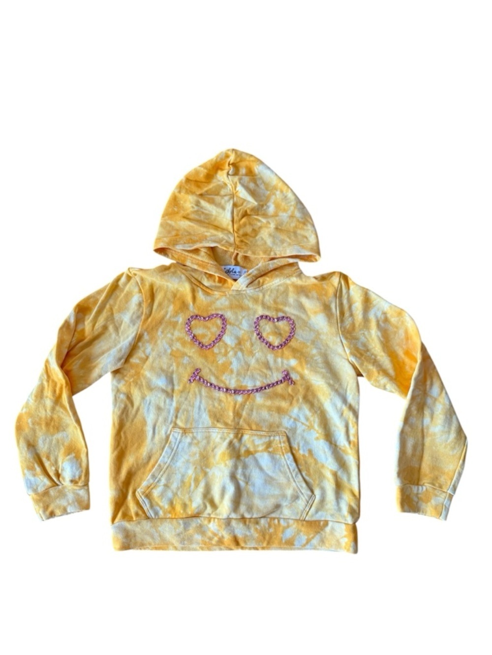 Lola + The Boys Tie Dye Yellow Hoodie Smile Face Gems Pink Hearts Front Pocket